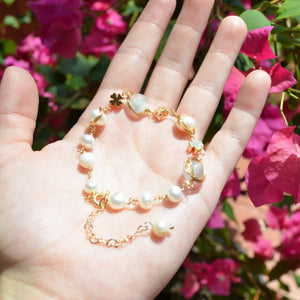 14k Gold-Plated | Handmade Freshwater Pearl Clover Bracelet